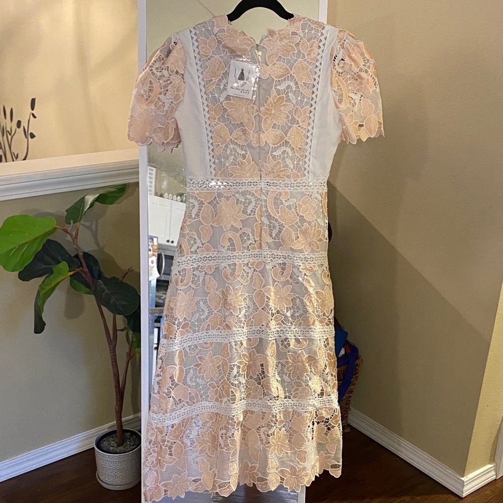 NWT Han Qing Mu Mu Elegant Retro Lace Cutout Ivory & Peach Midi Dress Size 2 - Picture 9 of 15